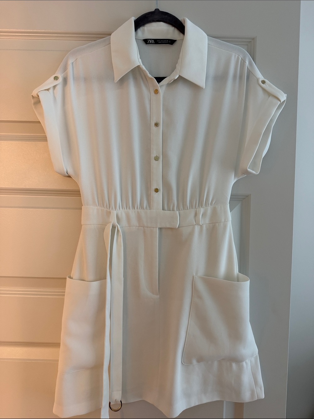 Zara Cream Button-Front Mini Dress with Belt